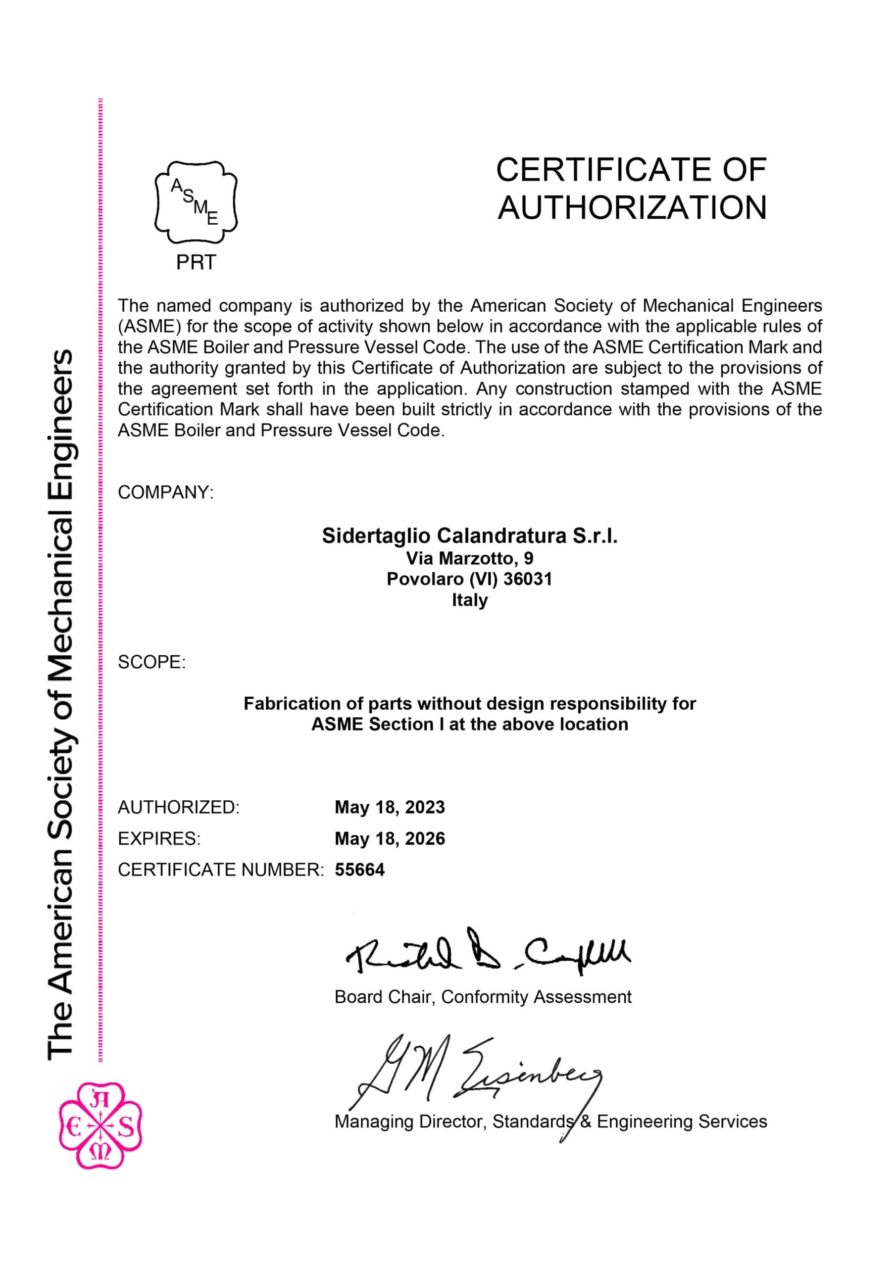 Documento di certificazione ASME Section I